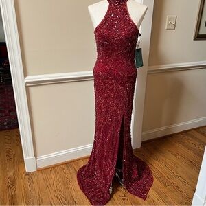 NWT - Mac Duggal – Garnet Red Sequence Halter Neck Gown w/High Slit – Size 12